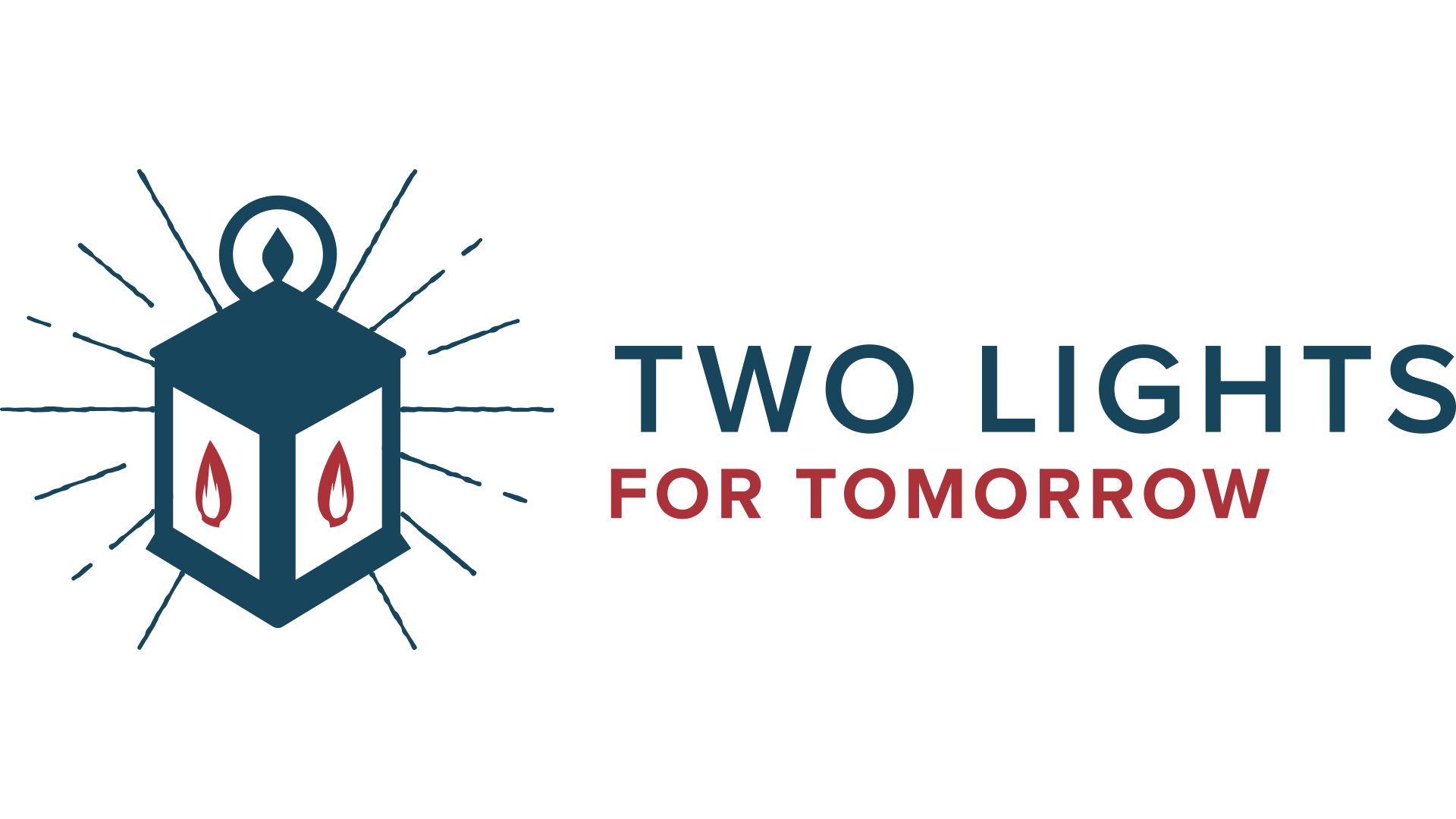 A blue lantern with red flames next to two lines of text stating Two Lights for Tomorrow.