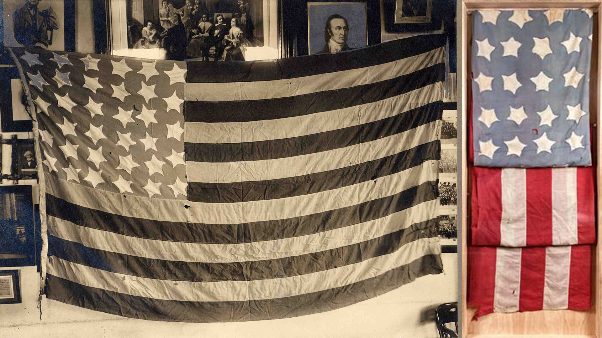 This flag is believed to be the first U.S. flag raised in Portland after Oregon became a state. OHS Museum, 61-133.