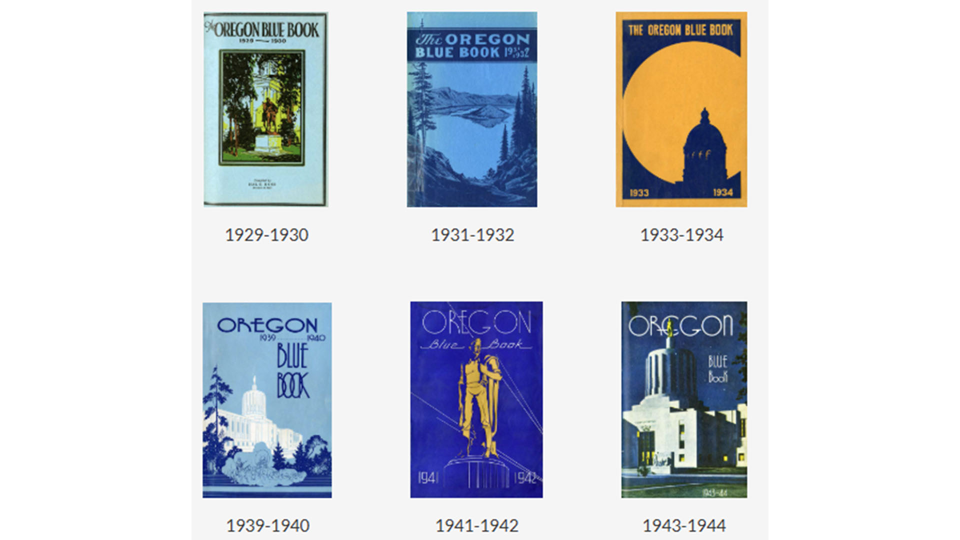 Covers of Oregon Blue Book editions from displayed in a grid, each with distinct artistic styles and color schemes.