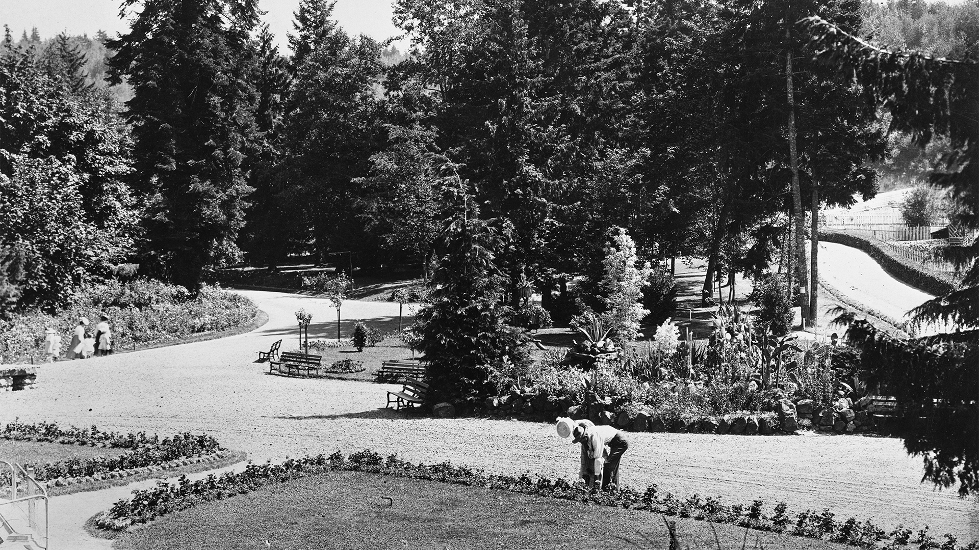 Black and white photograph of a garden scene featuring tall trees, winding paths, and a person bending over near a flower bed. The setting highlights a peaceful, natural environment with dense foliage and landscaped greenery.