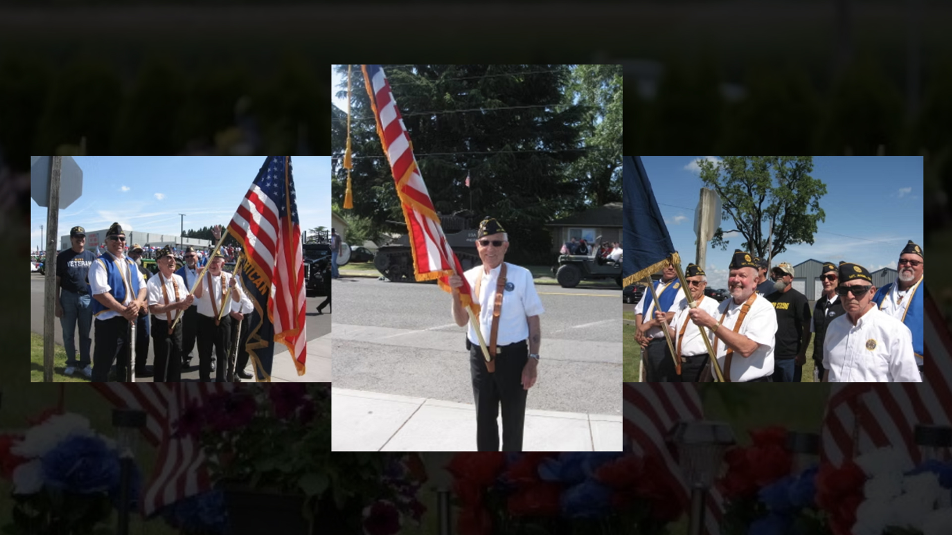 Photograph showing a group of veterans participating in a flag ceremony outdoors, holding American flags and wearing uniforms with caps. The setting includes clear skies, trees, and a street, highlighting a patriotic event or memorial gathering.