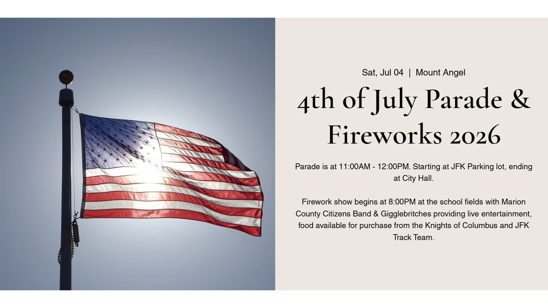 Photograph of an American flag waving against a clear sky, paired with a text announcement for a 4th of July Parade and Fireworks event in 2026. The announcement details parade timing from 11:00 AM to 12:00 PM starting at JFK Parking lot and ending at City Hall, with a fireworks show at 8:00 PM featuring live entertainment and food vendors.