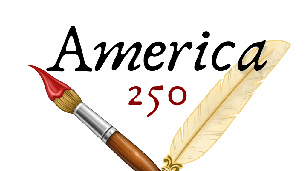 America 250 Poster and Literacy Contest, behind the text are two quills crossed over each other