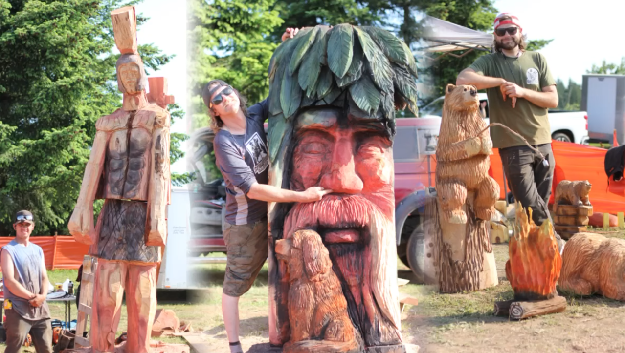 A compilation of three photos of competitors posing next to their large chainsaw wood carvings