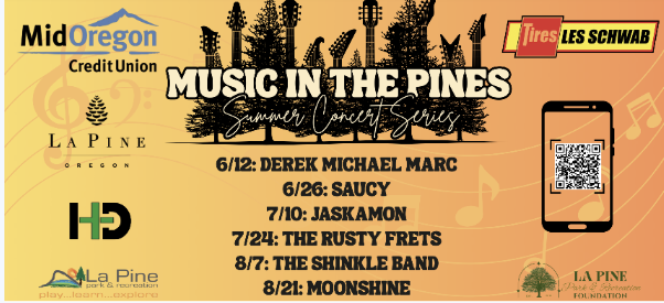 Orange graphic with the text; "Music in the Pines, Summer Concert Series"